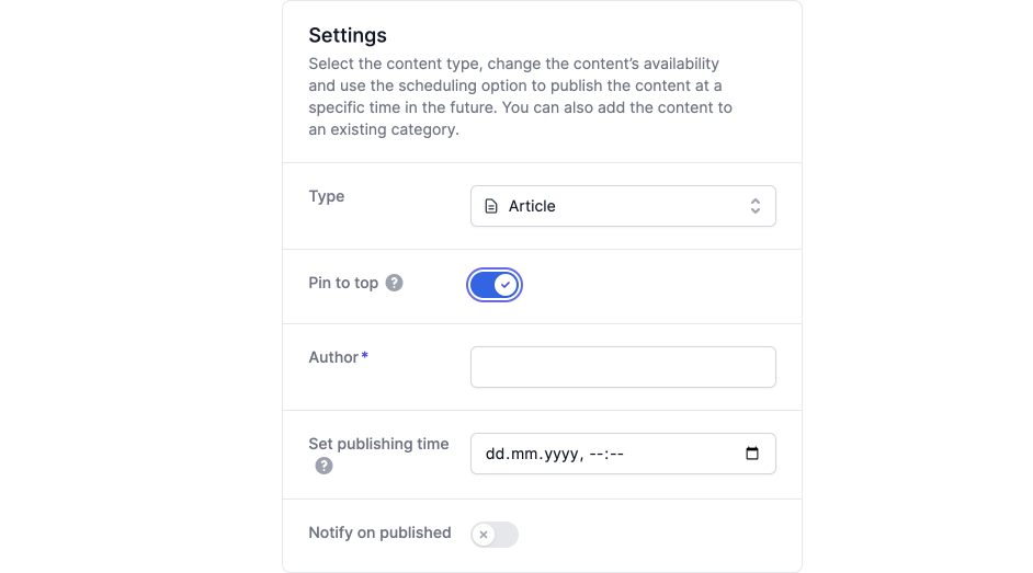 Pin to Top toggle in Unyfy Platform Manager
